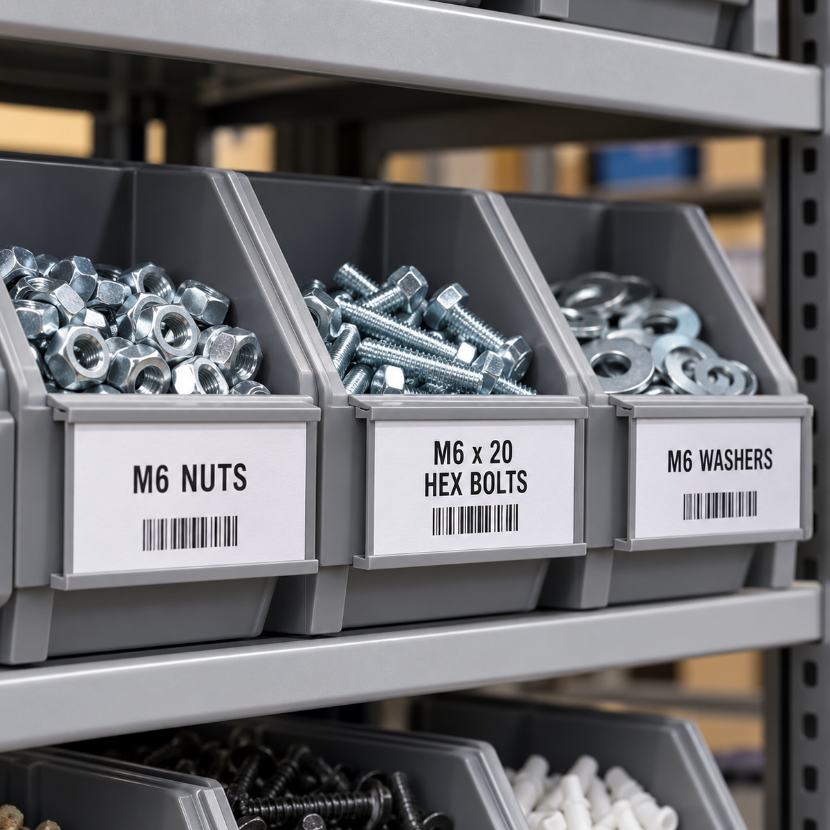 HARLEM slide-in label holders installed on workshop storage bins