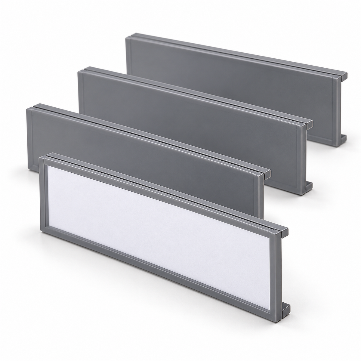 HARLEM grey slide-in shelf and bin label holders on a clean studio background