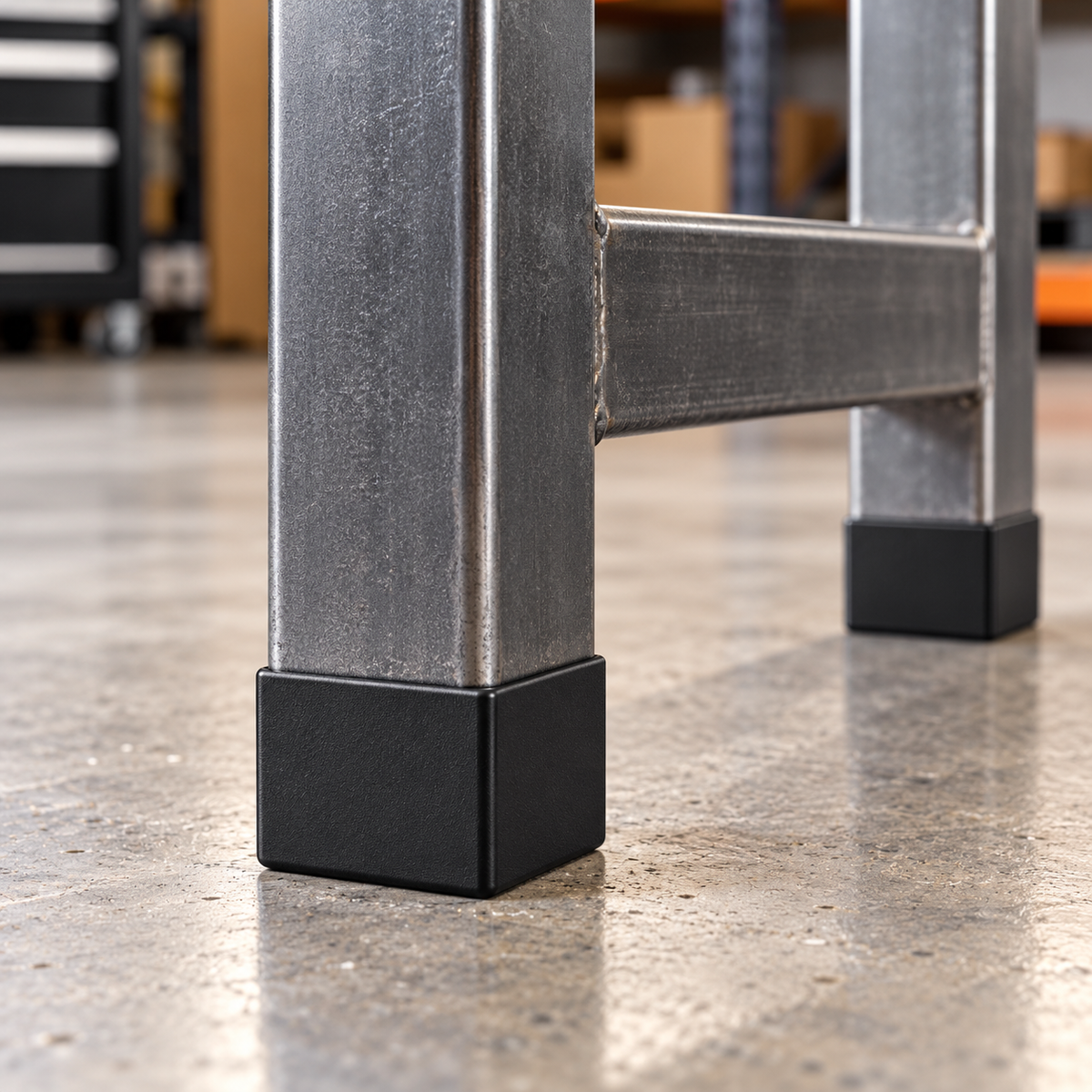 HARLEM black square tube end caps installed on square steel tube legs